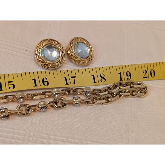 Gold Plated Chain Necklace W/ Glass Rhinestones & Coordinating Clip Earrings Set - Picture 11 of 12